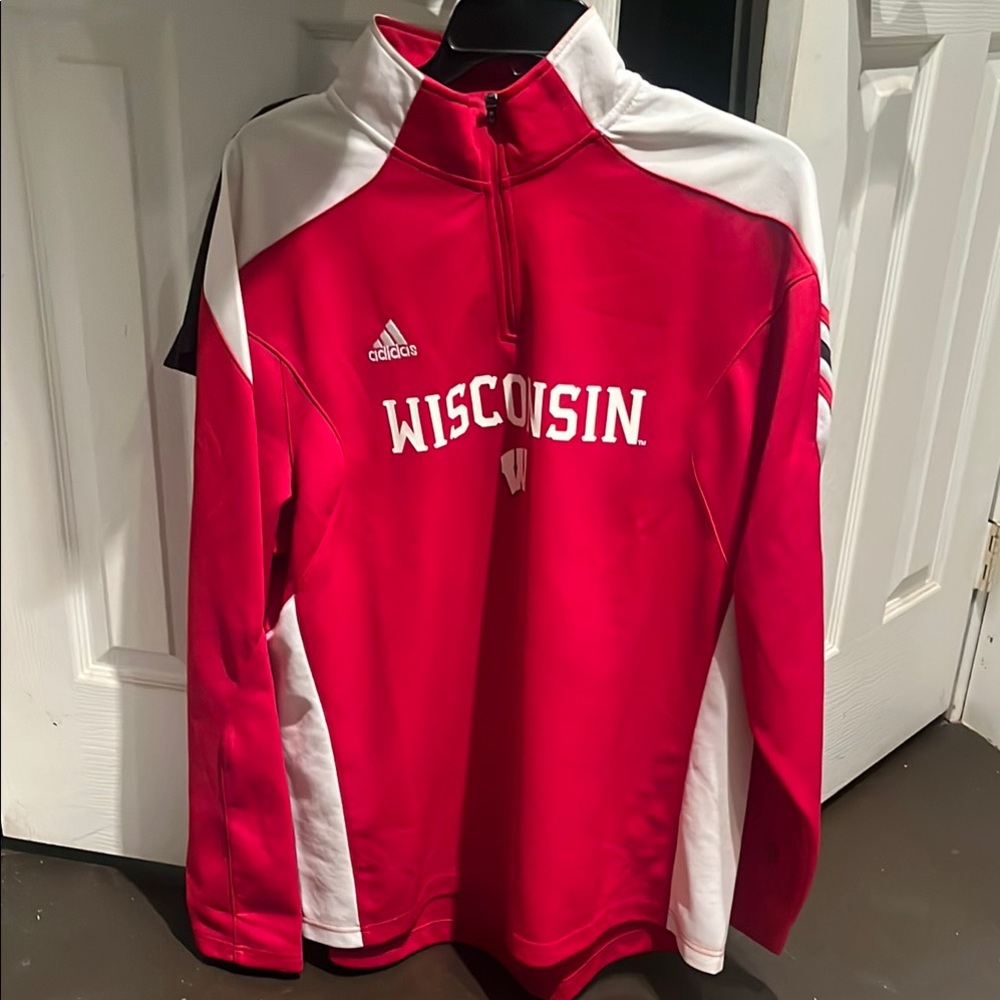Adidas Red and White Wisconsin Men's Pullover
